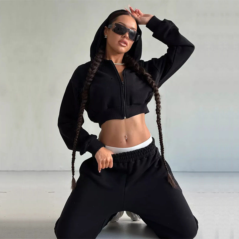 Damen moderner Cropped Hoodie und weite Jogginghose Set Heidi-Mode
