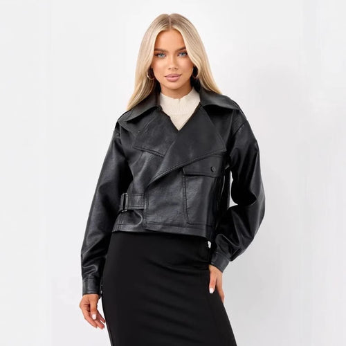 Damen Cropped Bikerjacke aus Kunstleder mit oversized Schnitt und strukturierten Details Heidi-Mode
