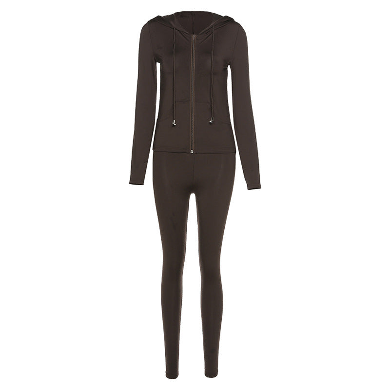 Damen Sportliches Zweiteiler-Set mit Kapuzenjacke und enganliegenden Leggings Heidi-Mode