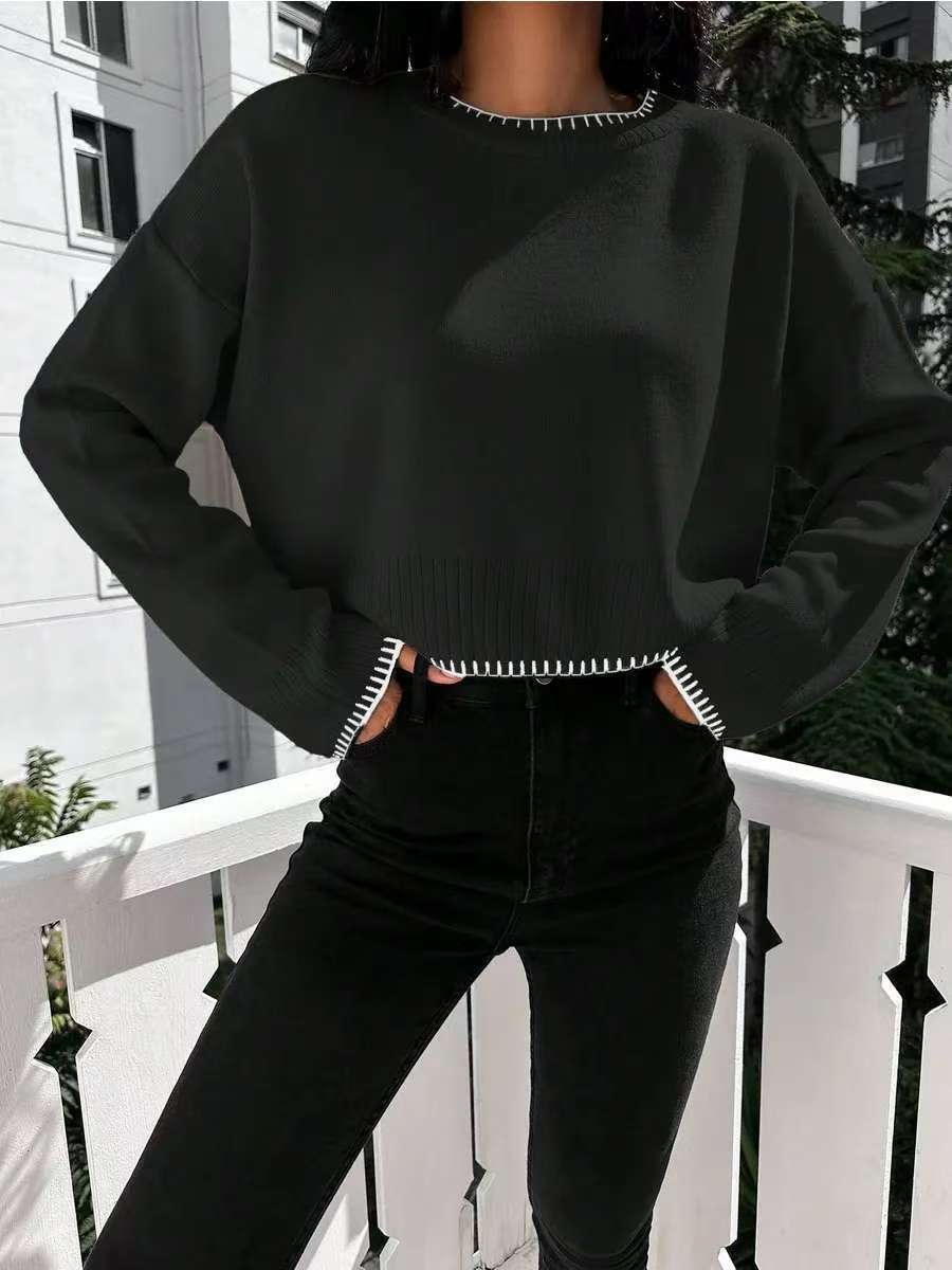 Damen lässiger Cropped Pullover mit feiner Rippstruktur und elastischem Bund Heidi-Mode