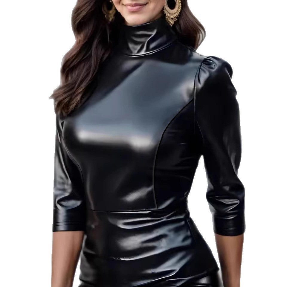 Damen Elegantes Oberteil aus hochwertigem Kunstleder mit hochgeschlossenem Kragen Heidi-Mode