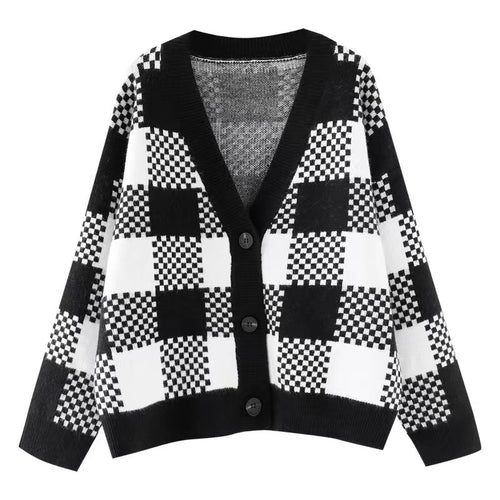 Damen Grobstrick Cardigan mit kontrastierendem Karomuster und Knopfdetails Heidi-Mode