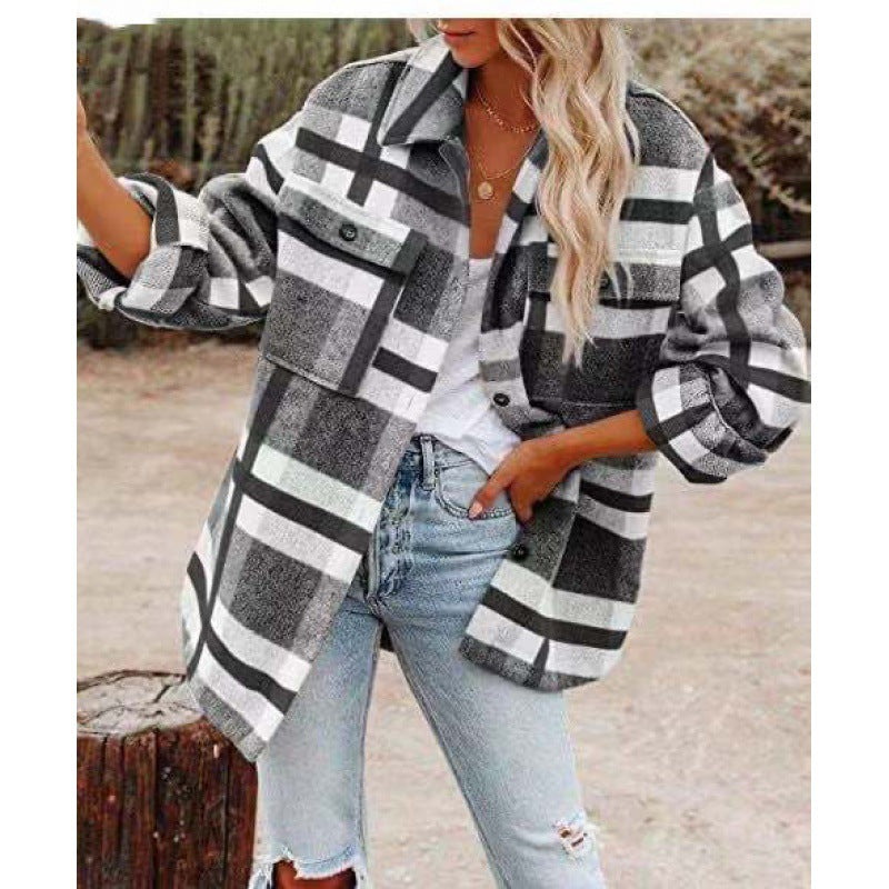 Damen Karobluse mit oversized Schnitt und Taschen Heidi-Mode