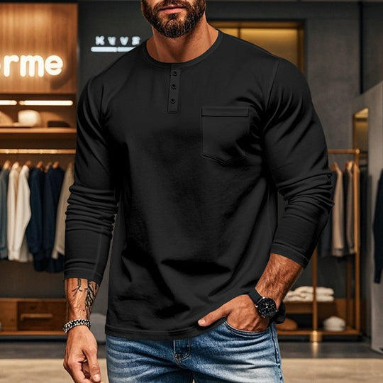 Herren Langarmshirt mit Knopfleiste und Brusttasche Heidi-Mode