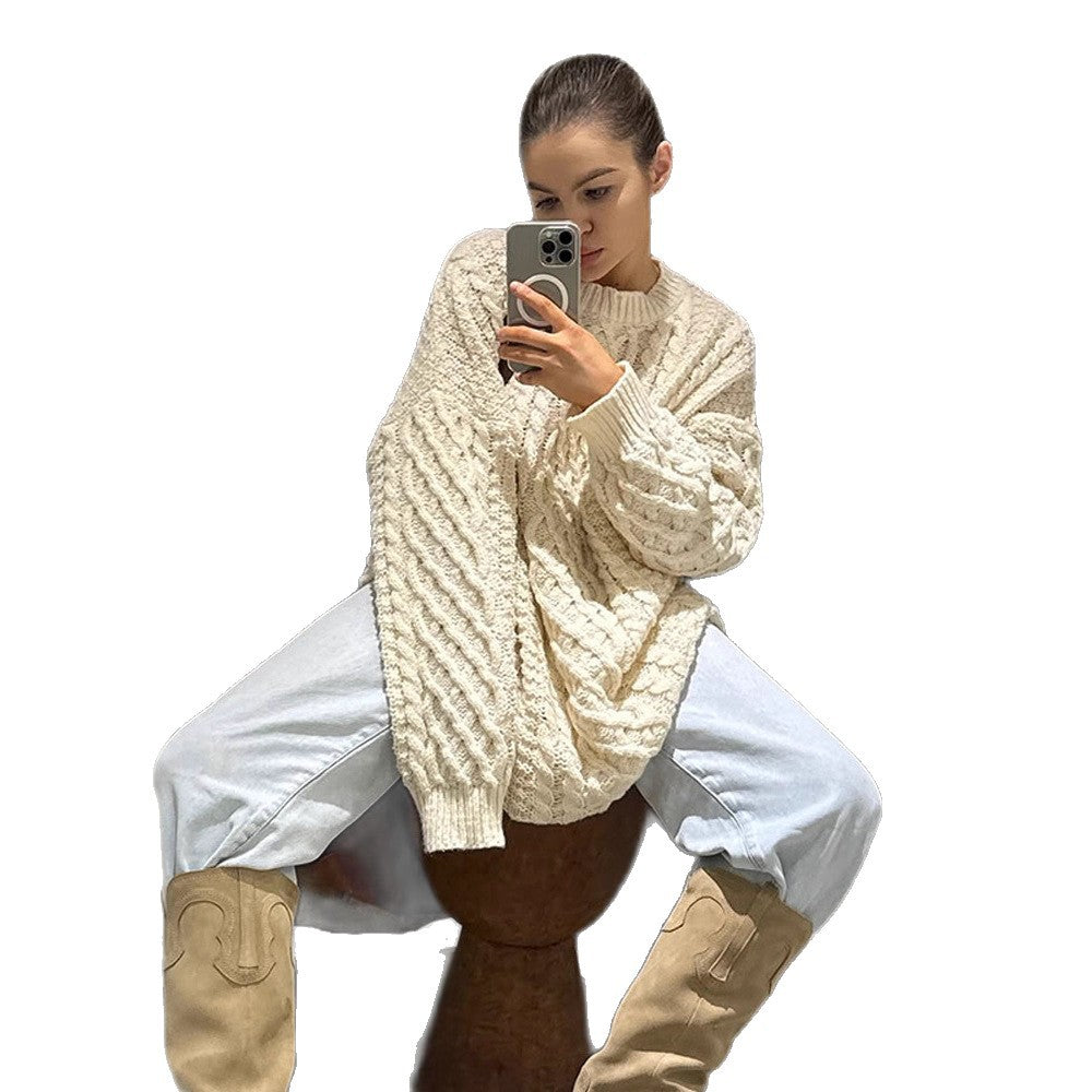 Damen Oversized Strickpullover mit Zopfmuster Heidi-Mode
