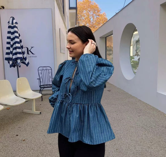 Damen gestreifte Bluse mit voluminösen Puffärmeln und tailliertem Schnitt Heidi-Mode