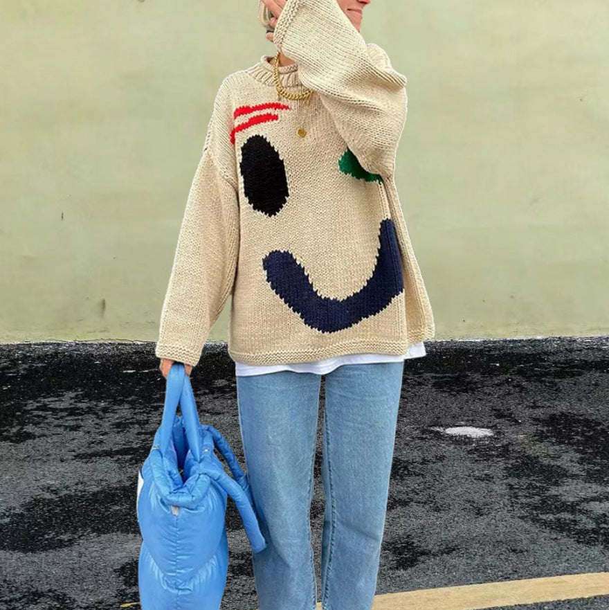 Damen gestrickter Pullover mit fröhlichem Smiley-Motiv und lässigem Schnitt Heidi-Mode