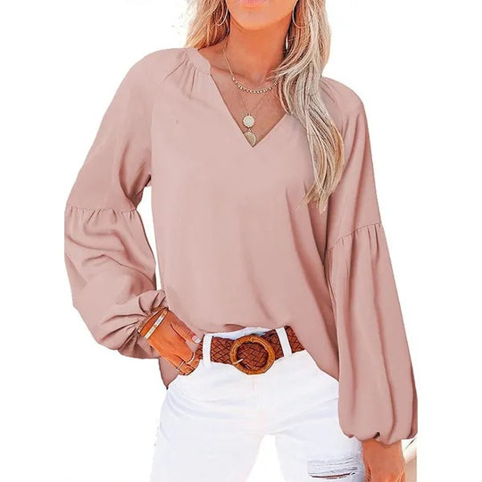 Damen Bluse mit weitem Ballonärmel und elegantem V-Ausschnitt Heidi-Mode