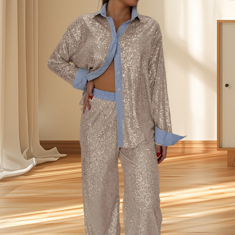 Damen Glitzerndes Pyjama-Set aus hochwertigem Material mit Schalkragen und eleganten Akzenten Heidi-Mode