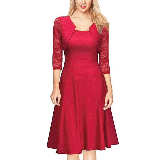Damen Midi-Kleid mit Spitzenärmeln und schwingendem Rock Heidi-Mode