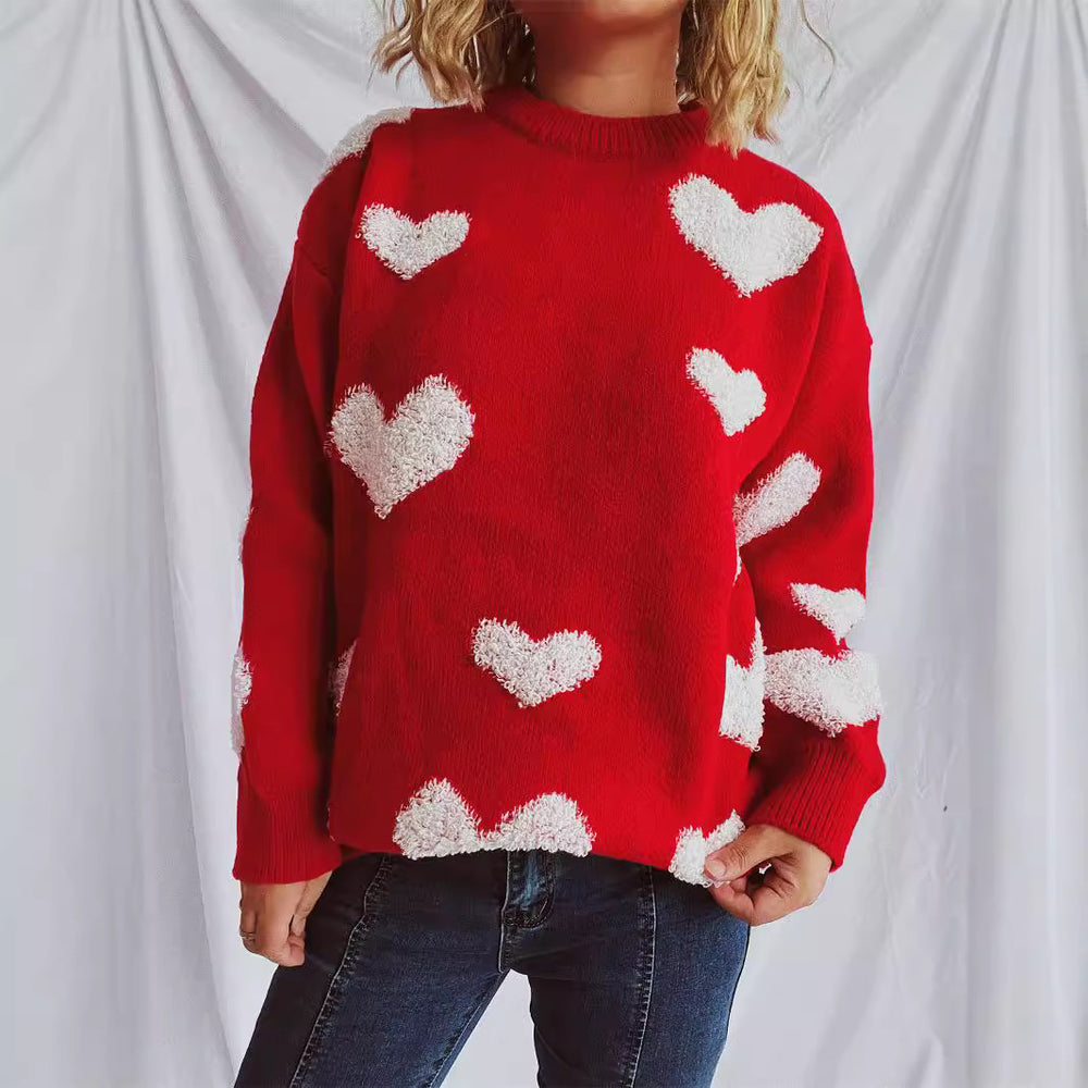 Damen Pullover mit Herzmuster und flauschigen Applikationen Heidi-Mode
