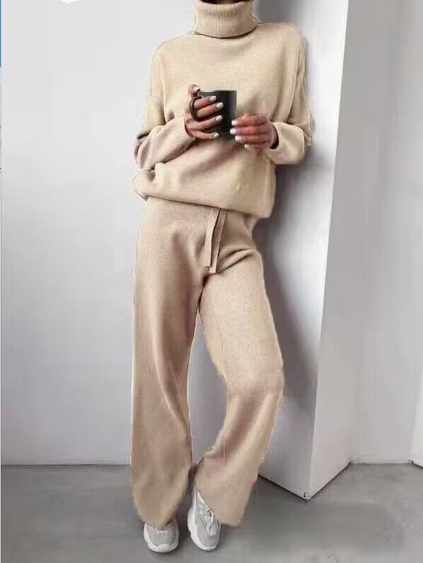 Damen kuscheliges Strick-Loungewear-Set mit weiten Hosen und elegantem Rundhalsausschnitt Heidi-Mode