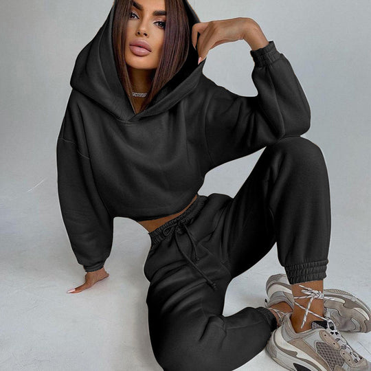 Damen lässiges Sportset mit cropped Hoodie und elastischer Hose Heidi-Mode
