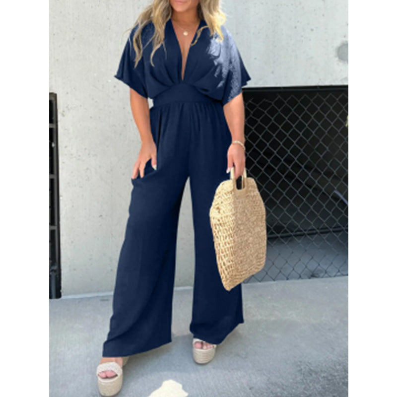 Damen eleganter Overall mit weitem Bein und tiefem V-Ausschnitt Heidi-Mode