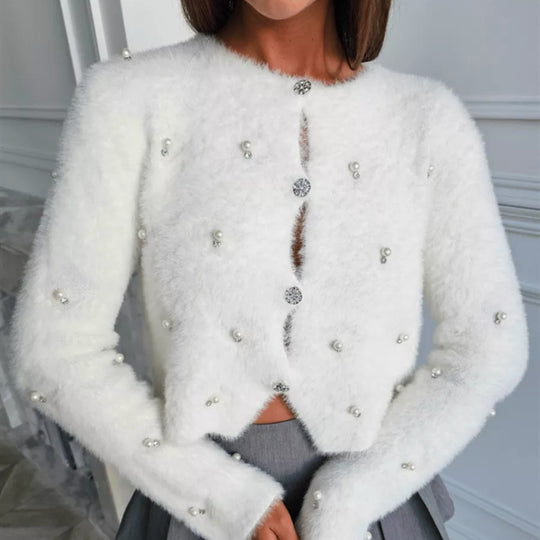Damen Flauschige Strickjacke mit Schmuckknöpfen und elegantem Schnitt Heidi-Mode