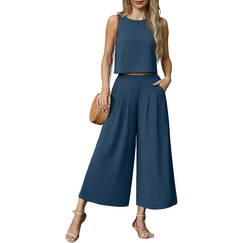 Damen luftiges Zweiteiler-Set mit weitem Hosenbein und ärmellosem Top Heidi-Mode