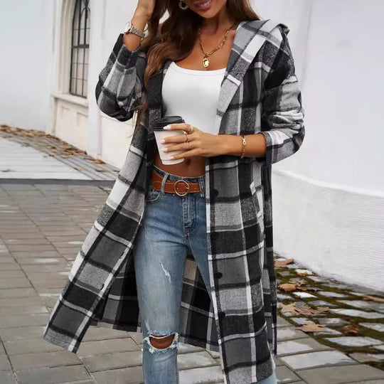 Damen Karierter Mantel mit moderner Schnittführung und praktischem Taschen-Design Heidi-Mode