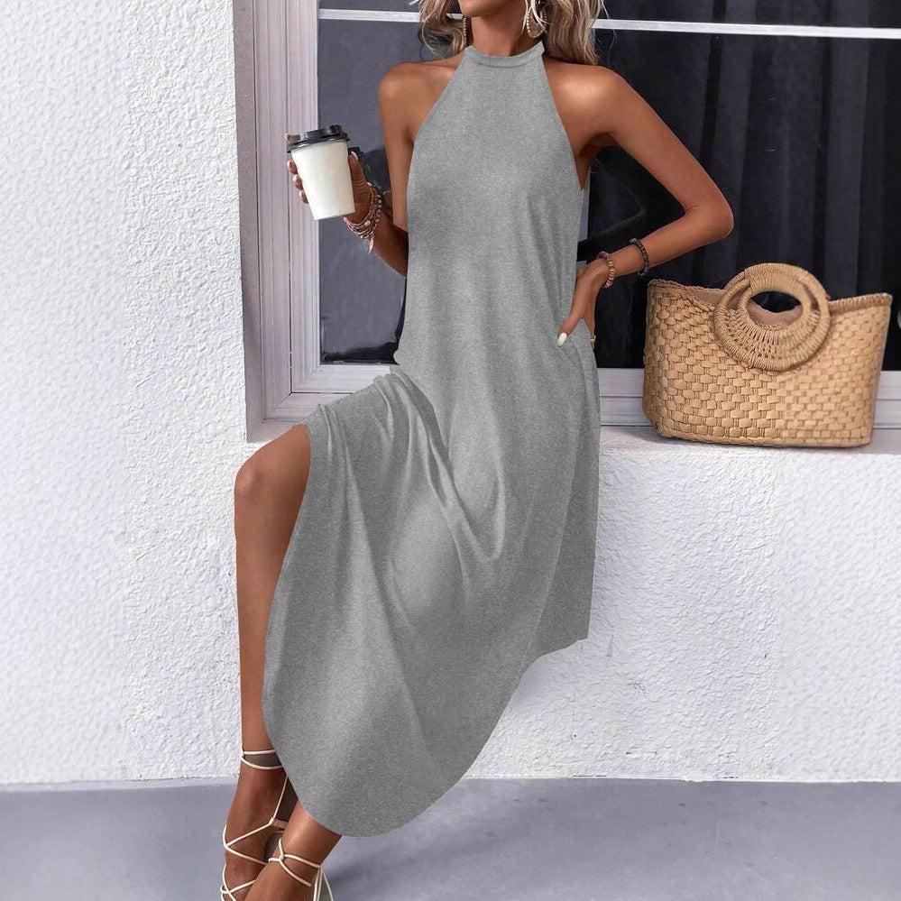 Damen lässiges Sommermaxikleid mit elegantem Halternetz und praktischen Taschen Heidi-Mode