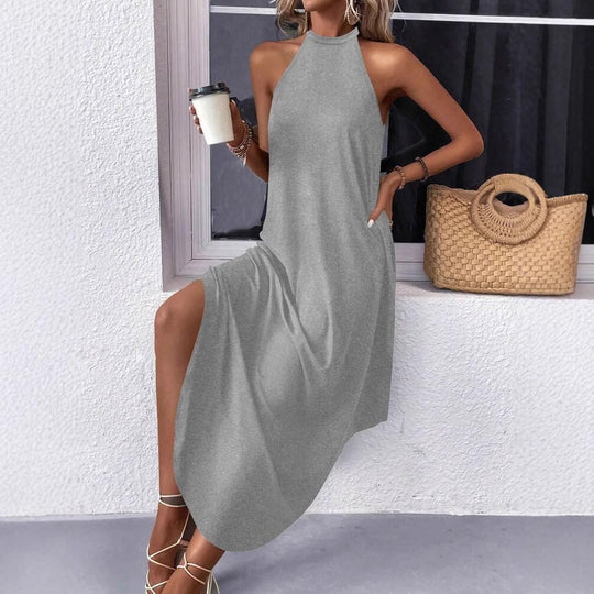 Damen lässiges Sommermaxikleid mit elegantem Halternetz und praktischen Taschen Heidi-Mode