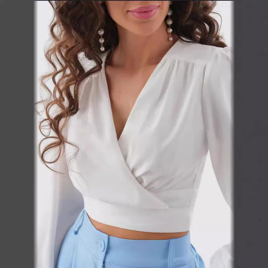 Damen Viskose Wrap-Bluse mit Puffärmel und tiefem V-Ausschnitt Heidi-Mode