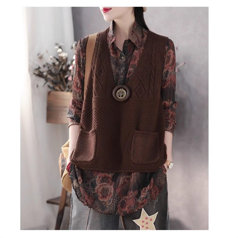 Damen Strickweste mit tiefem V-Ausschnitt und praktischen Taschen Heidi-Mode