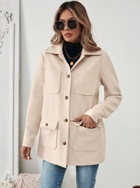 Damen Modische Utility-Jacke mit großen Taschen und goldenem Druck Heidi-Mode