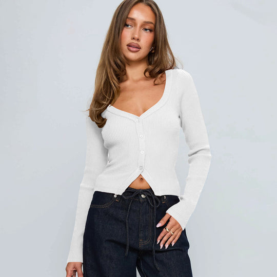 Damen Elegantes Ripp-Cardigan mit V-Ausschnitt und Knopfleiste Heidi-Mode