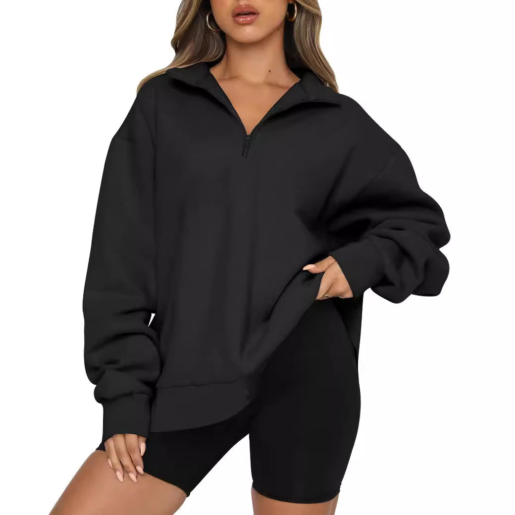 Damen Oversized Sweatshirt mit kurzem Reißverschluss und lässigem Schnitt Heidi-Mode