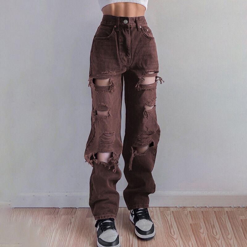 Heidi-Mode | Frauen Hoch Taillierte Lockere Jeans mit Rissen und Löchern