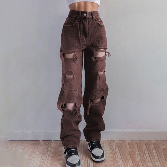 Heidi-Mode | Frauen Hoch Taillierte Lockere Jeans mit Rissen und Löchern