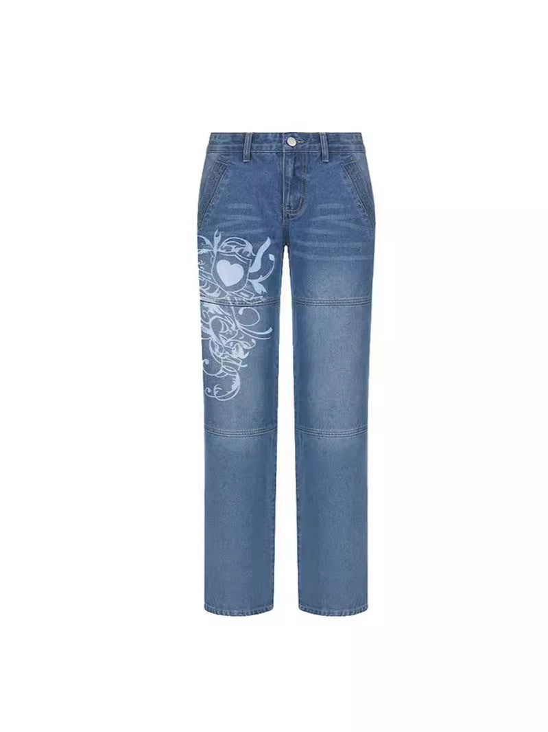 Damen Weit geschnittene Jeans mit einzigartigem Design und prominentem Druck Heidi-Mode