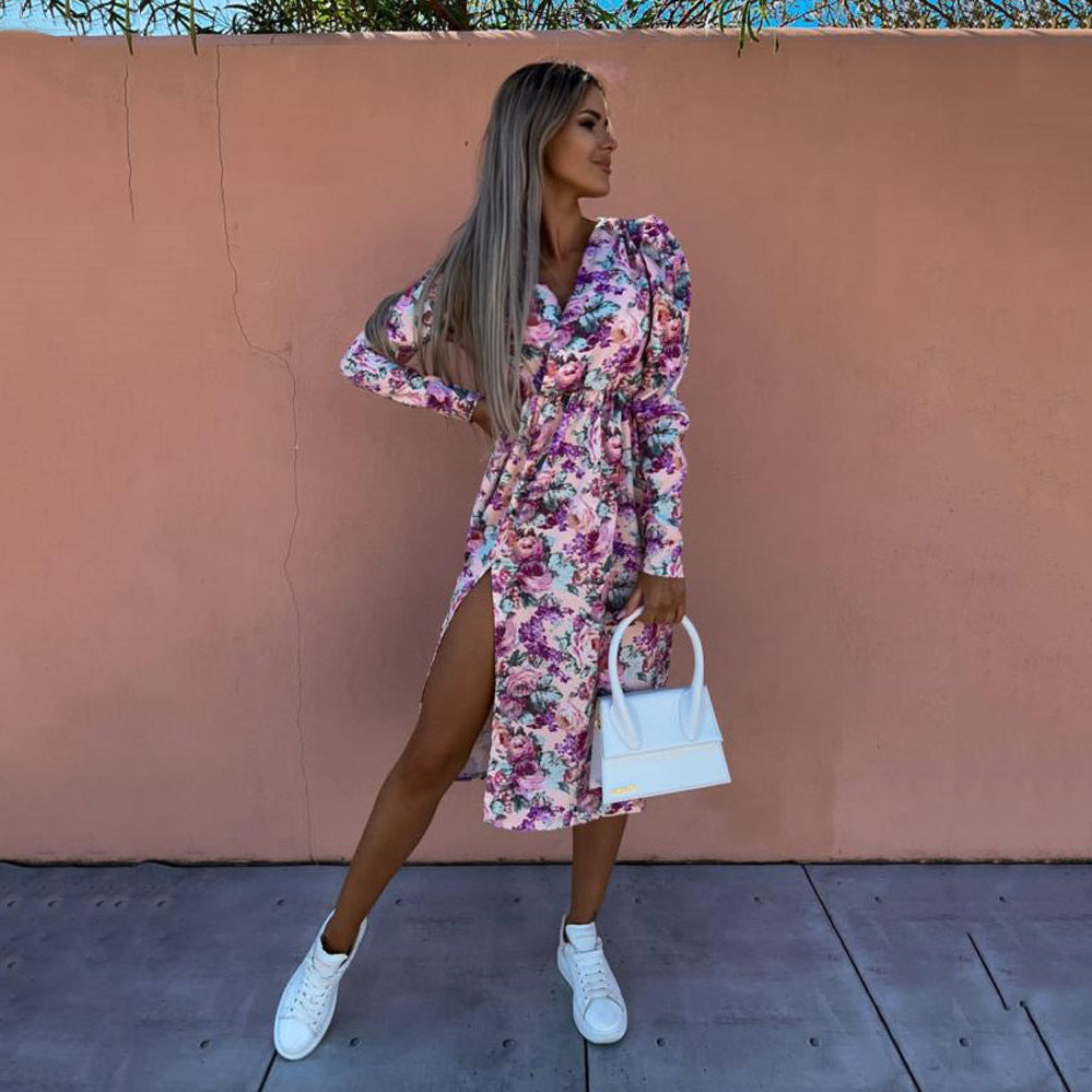 Heidi-Mode | Bedrucktes Taillenbetontes Mid-Ärmel Kleid