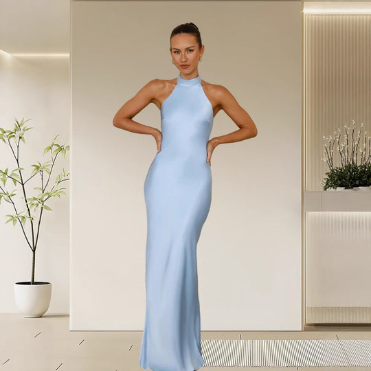 Damen Elegantes Maxikleid mit hochgeschlossenem Design und schimmerndem Satin-Finish Heidi-Mode