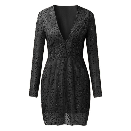 Damen Paillettenbedrucktes Cocktailkleid mit tiefem V-Ausschnitt und transparenten Ärmeln Heidi-Mode