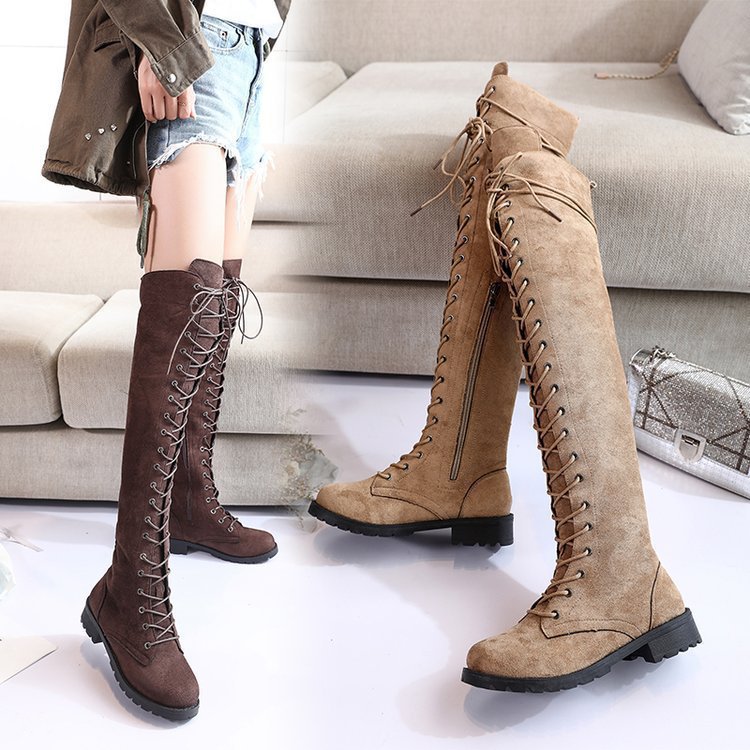 Damen Überknee-Stiefel mit modischem Schnür-Design und robustem Profil Heidi-Mode