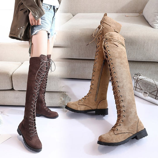 Damen Überknee-Stiefel mit modischem Schnür-Design und robustem Profil Heidi-Mode