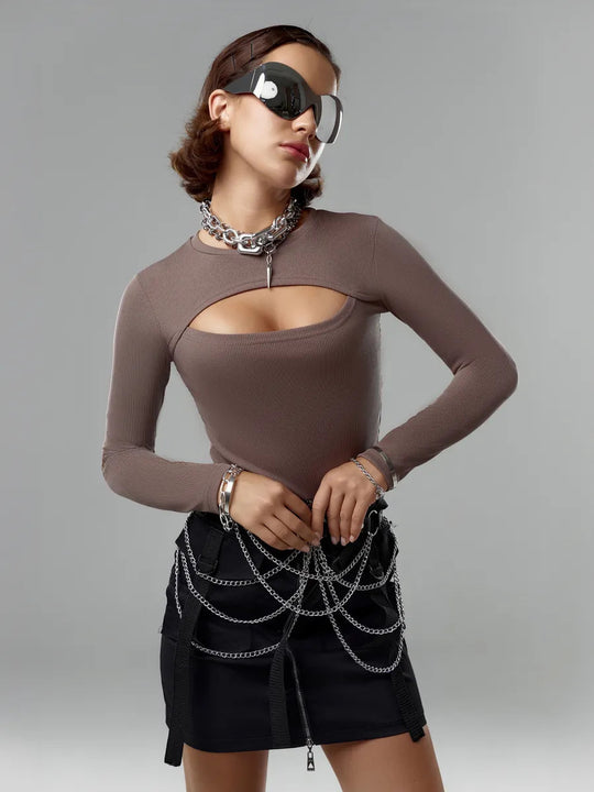 Damen modisches Langarmoberteil mit raffiniertem Cut-Out Heidi-Mode