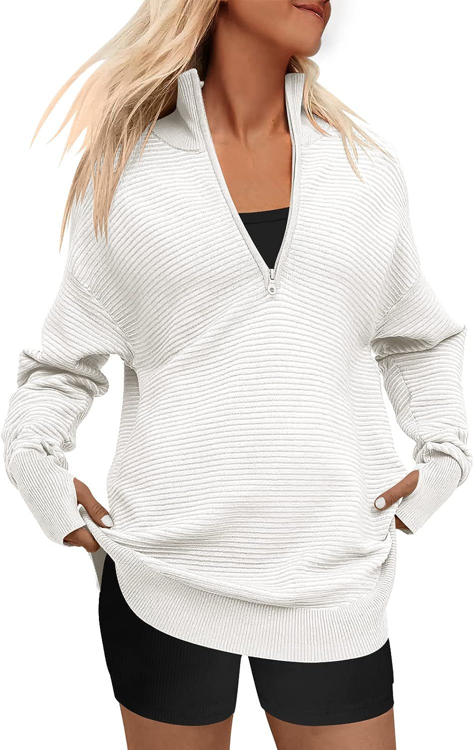 Damen Oversized Pullover mit Stehkragen und Reißverschluss Heidi-Mode