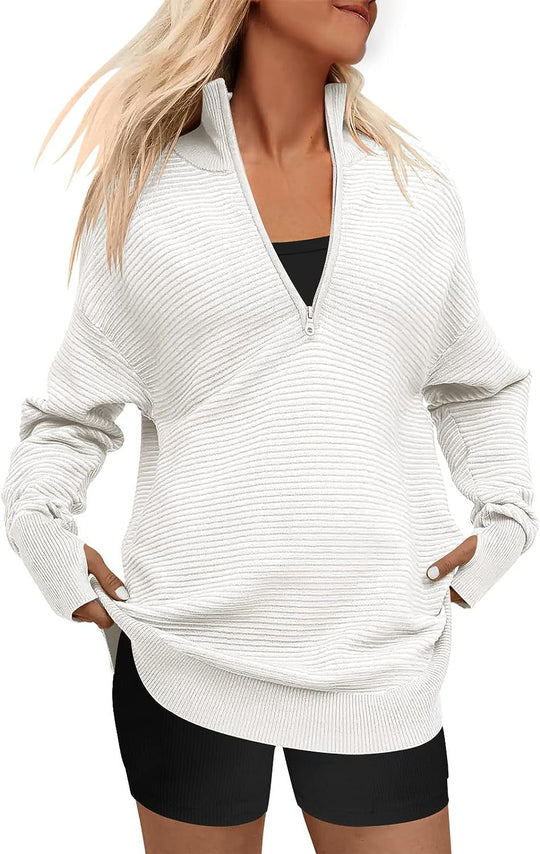 Damen Oversized Pullover mit Stehkragen und Reißverschluss Heidi-Mode
