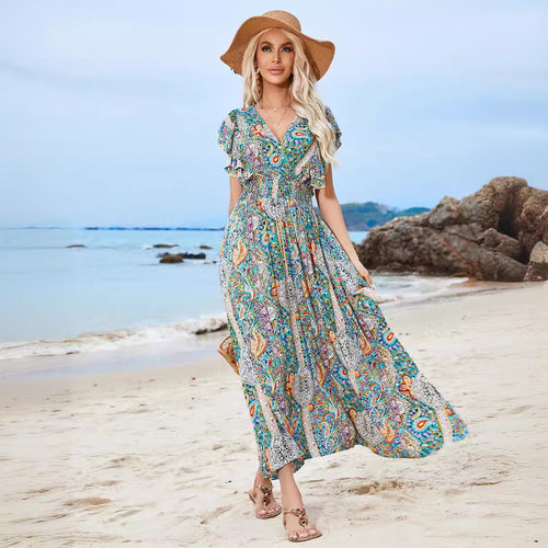 Damen Maxikleid mit verspieltem Mustermix und Rüschendetails Heidi-Mode