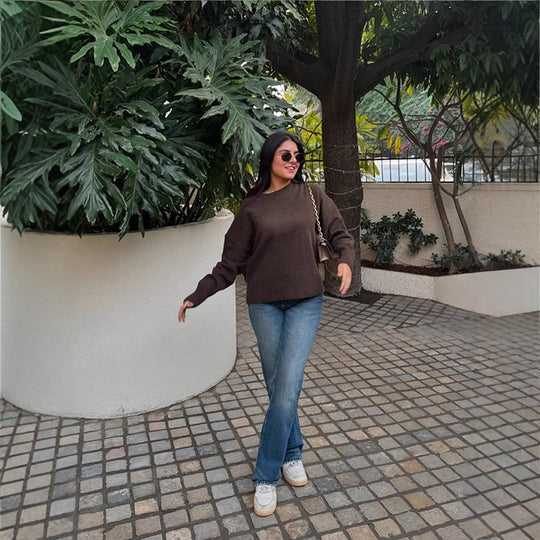 Damen Bequemer Oversized Crewneck Pullover Heidi-Mode