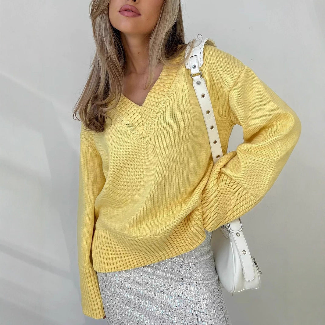Damen lässiger V-Ausschnitt Pullover mit strukturierter Textur Heidi-Mode