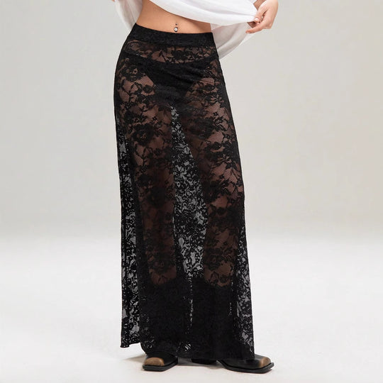 Damen Maxirock aus eleganter Spitze mit hohem Schlitz und voluminösem Schnitt Heidi-Mode