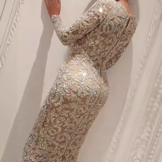 Damen Glamouröses Hochzeitskleid mit funkelnden Pailletten und langen Ärmeln Heidi-Mode