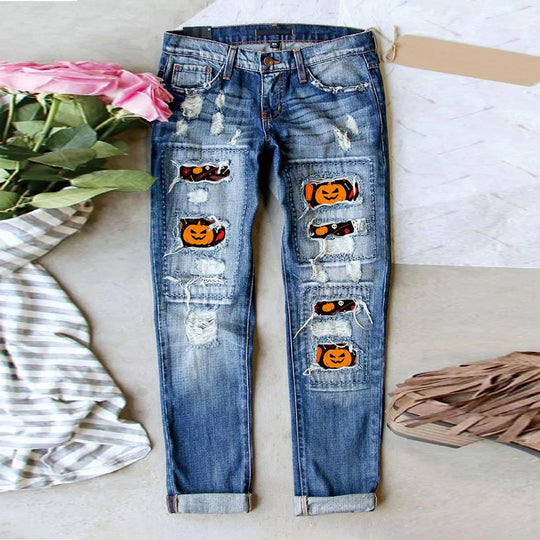 Damen Ripped Jeans mit Halloween-Motiv Heidi-Mode