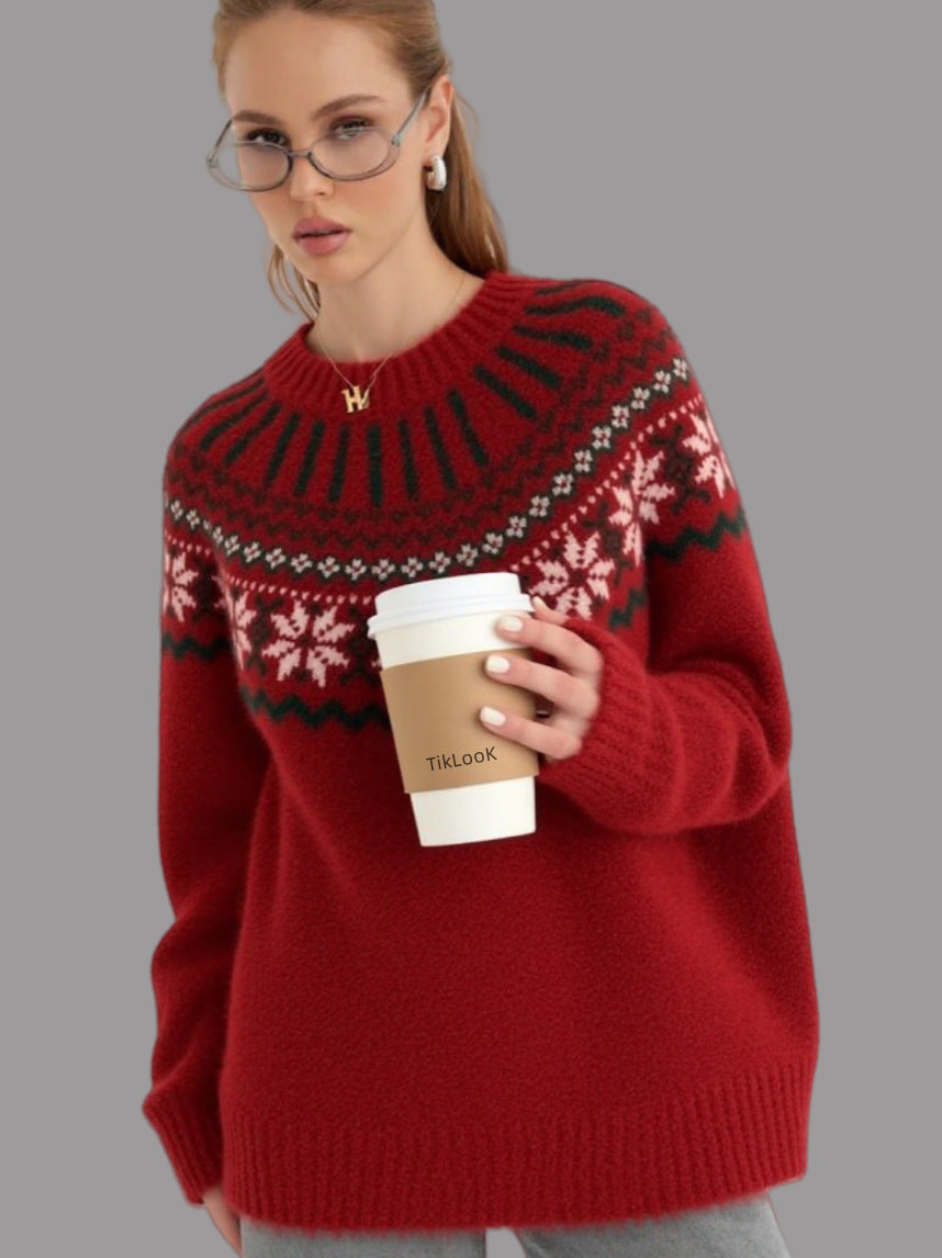 Damen Strickpullover mit festlichem Norweger-Motiv und weitem Schnitt Heidi-Mode