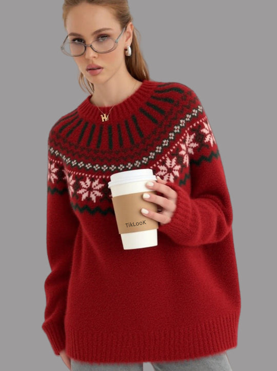 Damen Strickpullover mit festlichem Norweger-Motiv und weitem Schnitt Heidi-Mode