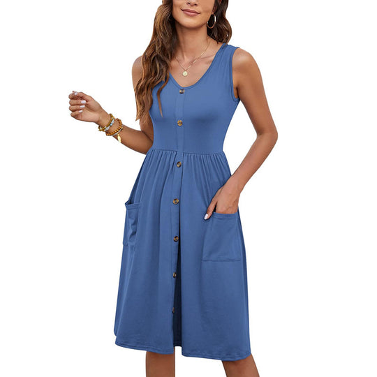 Damen Knielanges Sommerkleid mit Knopfdetails und praktischen Taschen Heidi-Mode