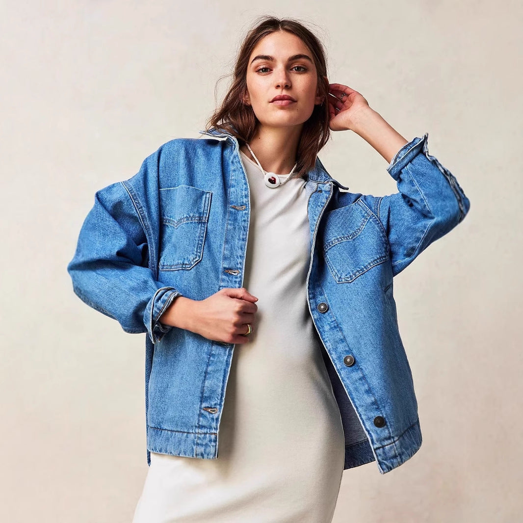Damen lässige Oversized Jeansjacke mit großen Taschen Heidi-Mode