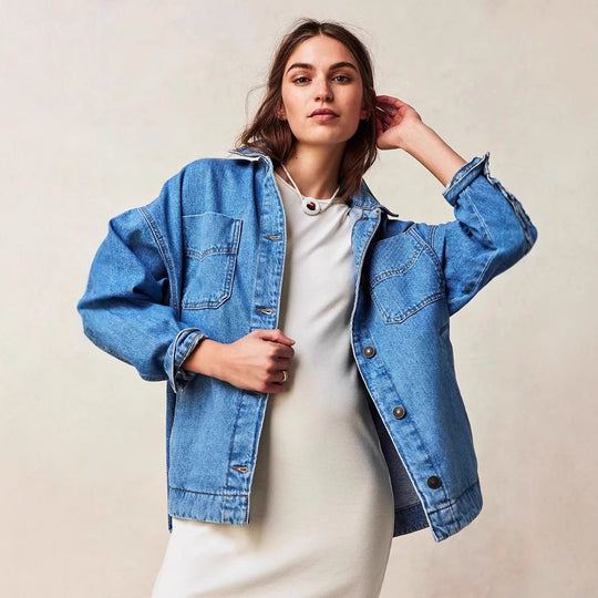 Damen lässige Oversized Jeansjacke mit großen Taschen Heidi-Mode